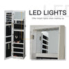 Mirror Jewelry Cabinet Armoire, Lockable Jewelry Organizer with Full-Length Mirror, LED Lights, Standing Jewelry Armoire in White Wood