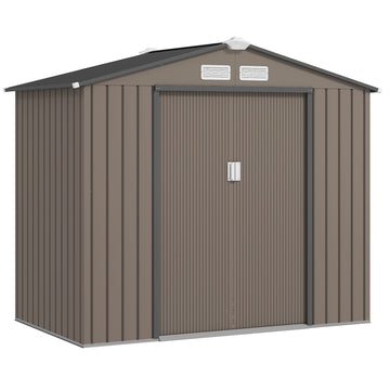 7' x 4' x 6' Garden Storage Shed Outdoor Patio Metal Tool Storage House w/ Foundation Kit and Double Doors, Brown