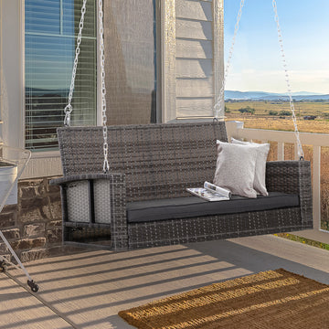 2-Person Patio Porch Swing Chair, Outdoor Rattan Hanging Bench with Cushion & 7.2 ft Steel Chains, Grey