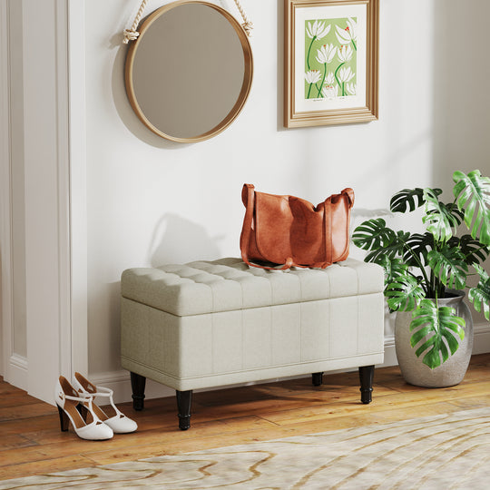 Storage Ottoman, Linen Fabric End of Bed Bench with Button Tufted Storage Bench for Bedroom, Beige