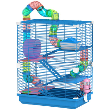 5 Tiers Hamster Cage Portable with Exercise Wheels Play Tube Water Bottle Dishes House Ladder for Gerbils, Dark Blue