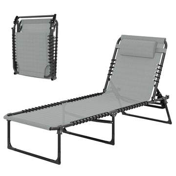 Folding Lounge Chair, Adjustable Chaise Lounge with Headrest, Reclining Lounger Cot for Camping, Hiking, Light Grey