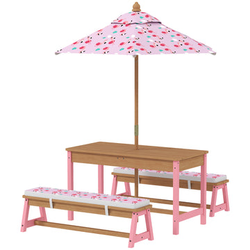 Qaba Kids Picnic Table and Bench Set with Removable Umbrella, Cushions & Boxes, Flamingo Theme for Outdoor, Pink