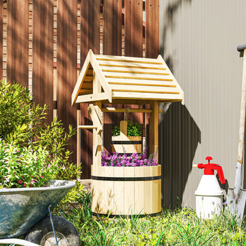 Wood Wishing Well Outdoor Wooden Planter with Hanging Bucket and Drainage Hole for Garden, Patio, Backyard, Orange