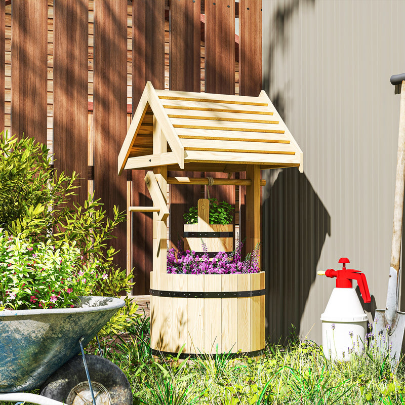 Wood Wishing Well Outdoor Wooden Planter with Hanging Bucket and Drainage Hole for Garden, Patio, Backyard, Orange