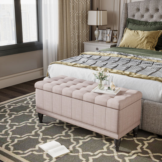 Storage Ottoman, Linen Fabric End of Bed Bench with Soft Close Lid, Button Tufted Storage Bench for Living Room, Entryway or Bedroom, 42