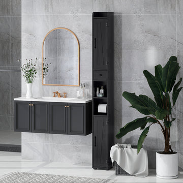 Narrow Bathroom Cabinet, Tall Bathroom Storage Cabinet with Barn Doors, Drawer and Adjustable Shelves, Black Wood Grain