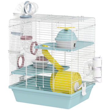 3-Level Hamster Cage with Exercise Wheel, Play Tube, Water Bottle, Food Dish, Hut, Ladder, Blue