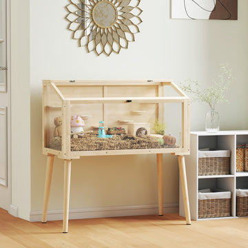 Wooden Hamster Cage, Hamster Habitat with Openable Top, Seesaws, Platforms, Water Bottle for Gerbils, 43.3