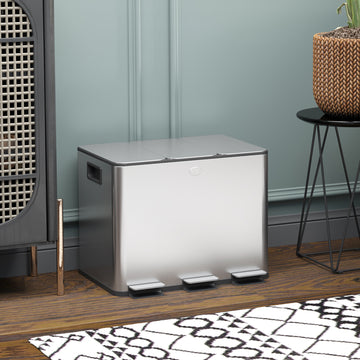 Triple Garbage Bin, Soft-Close Trash Can with Foot Pedal, 3 x 20 Liter Garbage Can with Removable Inner Buckets, Silver