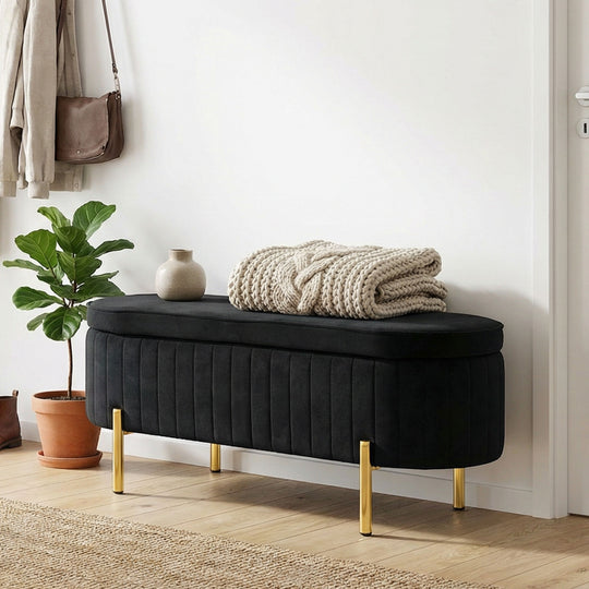 Upholstered Bedroom Bench, Channel Tufted Ottoman Bench with Thick Padding and Metal Legs, Black