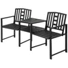 Metal Outdoor Bench, 2-Seater Garden Bench with Middle Table, Umbrella Hole, Slatted Seat and Backrest, Black