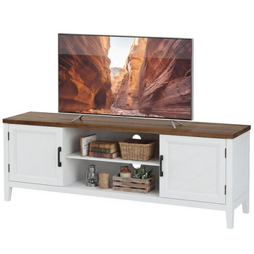 TV Stand for TVs up to 42 Inch, Entertainment Center with 2 Open Shelves, 2 Cabinets, Thick Top, White and Brown