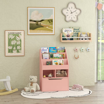 Kids Bookcase with Storage Drawer for Books, Reading Nook, for Classroom, Bedroom, Playroom, Pink