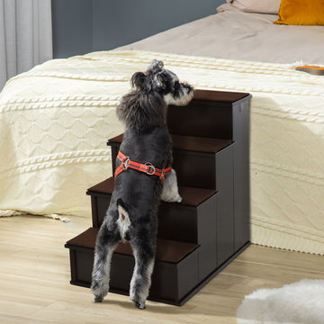 4 Levels Wooden Dog Steps Pet Stairs for High Bed, Cat Ladder for Bed Couch with Non-Slip Carpet, Dark Coffee