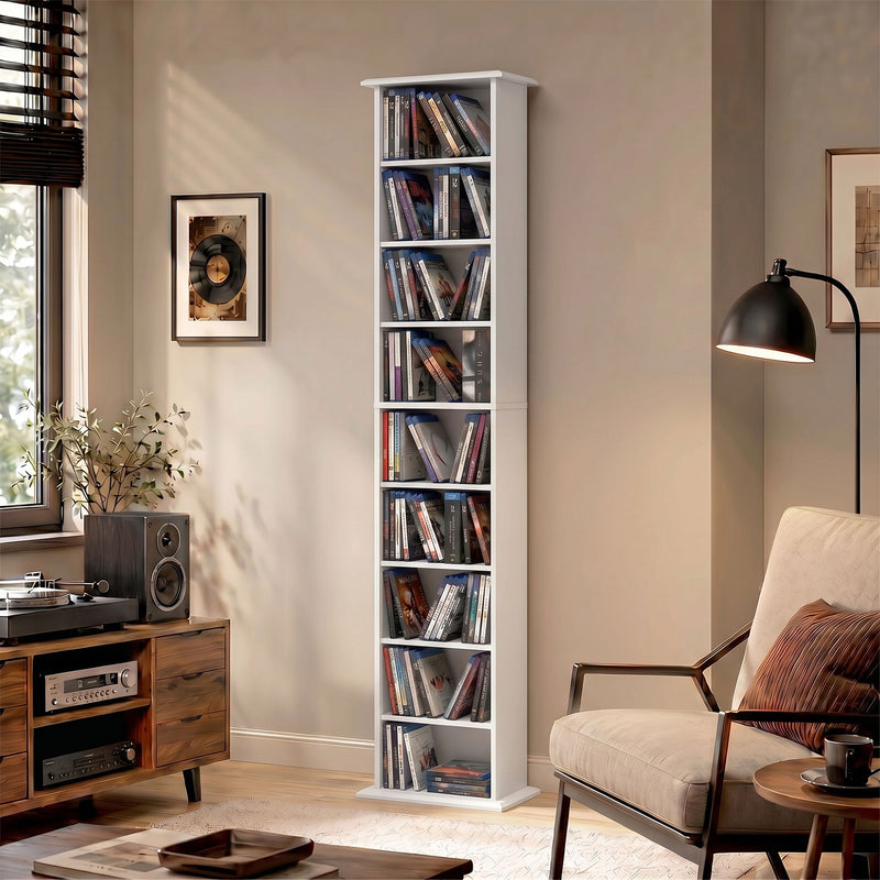 9-Tier DVD Shelf with 7 Adjustable Shelves, Slim CD Shelf, Holds 252 CDs, 147 DVDs or 189 Blu-rays, White