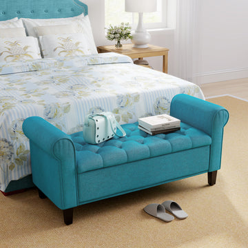 50 Inches Storage Ottoman, Upholstered Bedroom Bench with Rolled Arms and Button Tufted Storage