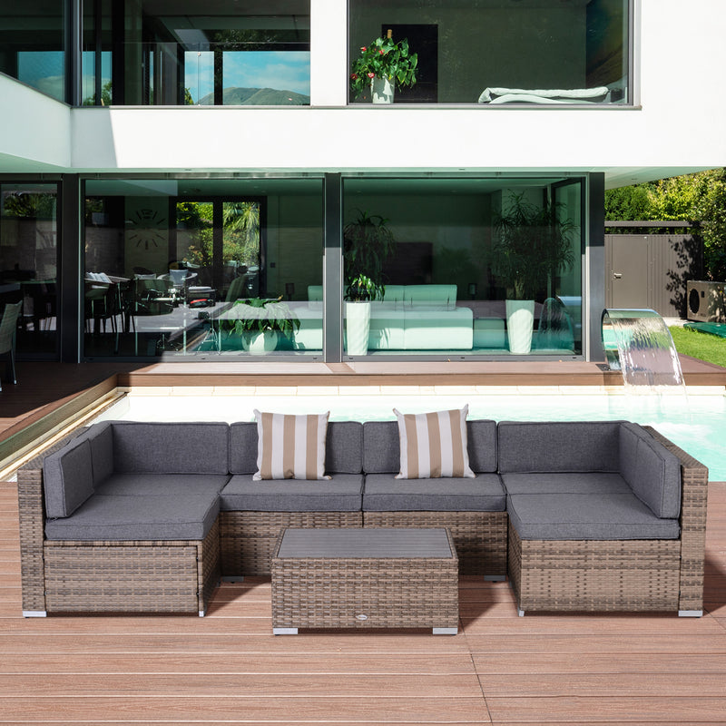7-Piece Outdoor Patio Furniture Set – PE Rattan Sectional Sofa with Washable Cushions & Tempered Glass Coffee Table, Grey