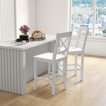 Counter Height Stools Set of 2, Farmhouse Bar Stools with Backs, Solid Wood Counter Stools for Kitchen Island White