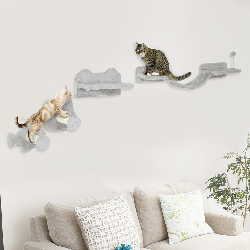 4PCs Cat Wall Shelves with Steps, Scratching Posts, Ladder, Platforms, Toy Balls