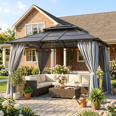 10' x 12' Outdoor Gazebo Canopy, Double Roof Hardtop Gazebo with Polycarbonate Roof, Steel Frame, Nettings and Curtains, for Garden, Lawn, Backyard and Deck, Light Grey