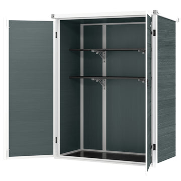 Outdoor 4.4' x 2.3' Plastic Storage Shed with Lockable Doors and Foldable Shelves, Wood-Effect Garden Shed, Grey