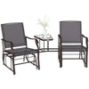 Double Patio Glider Chair with Glass Top Center Table, Outdoor Glider Loveseat with High Back,  All Weather Breathable Mesh Fabric for Garden, Backyard, Deck, Grey