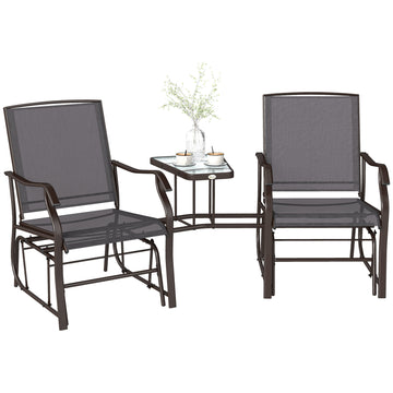 Double Patio Glider Chair with Glass Top Center Table, Outdoor Glider Loveseat with High Back,  All Weather Breathable Mesh Fabric for Garden, Backyard, Deck, Grey