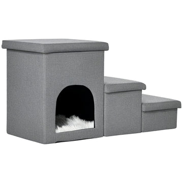 Dog Ramp with Storage Boxes and Condo, 3-step Pet Stairs for High Beds and Couch with Washable Plush Cushion