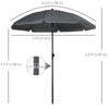 6ft Beach Umbrella, Outdoor Sun Shade Parasol with Push Button Tilt, Ruffled  UV50+ Vented Canopy, Dark Grey