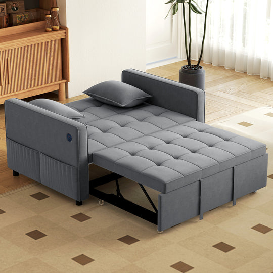 3‑in‑1 Convertible Sofa Bed, Pull Out Sleeper Sofa with USB Charging, Adjustable Backrest, Side Pockets
