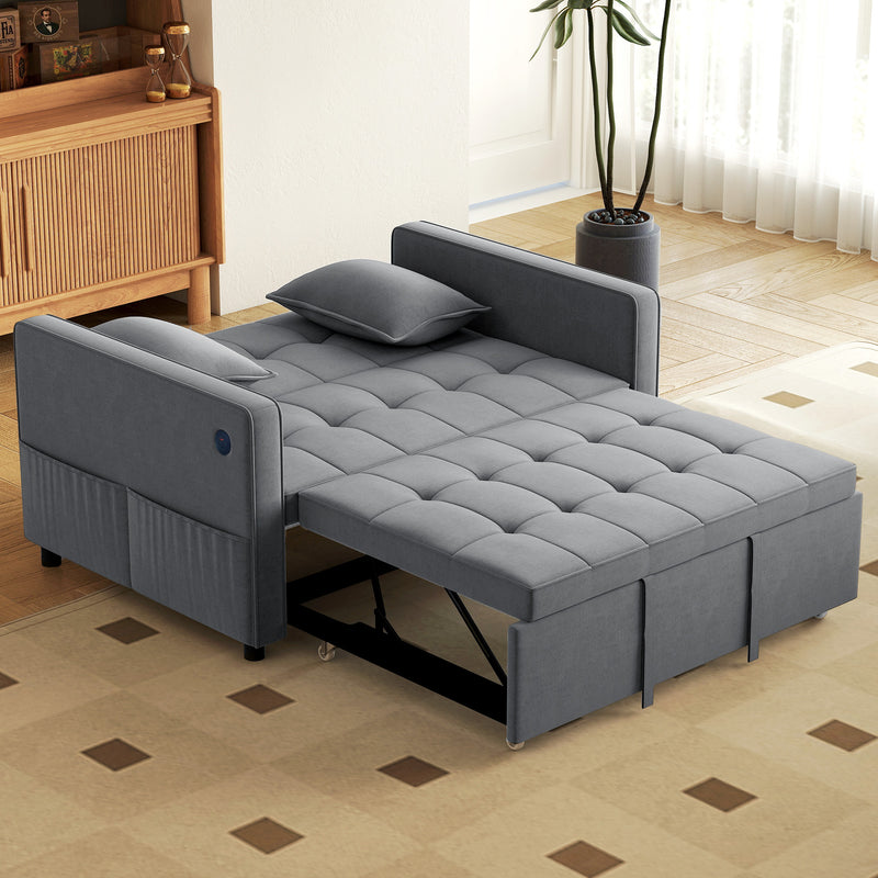 3‑in‑1 Convertible Sofa Bed, Pull Out Sleeper Sofa with USB Charging, Adjustable Backrest, Side Pockets