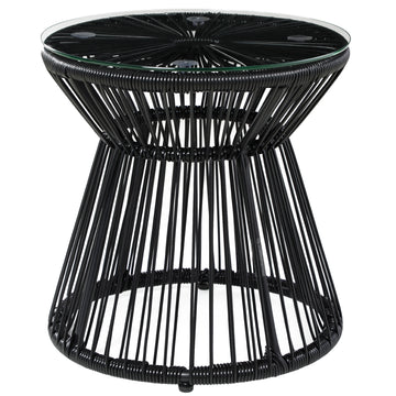 Round End Table, Rattan Side Table, Hollow Drum Design Coffee Table w/ Glass Tabletop for Patio, Garden, Balcony, Black