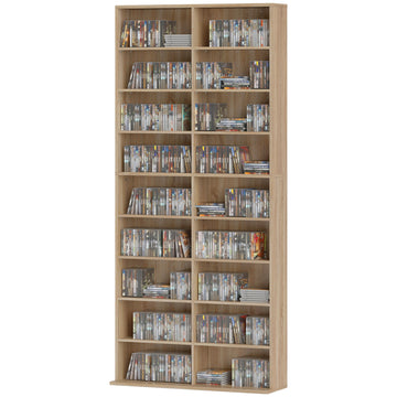 9-Tier DVD Shelf with 18 Compartments and 14 Adjustable Shelves, Holds 640 CDs, 360 DVDs or 430 Blu-rays, Natural Wood