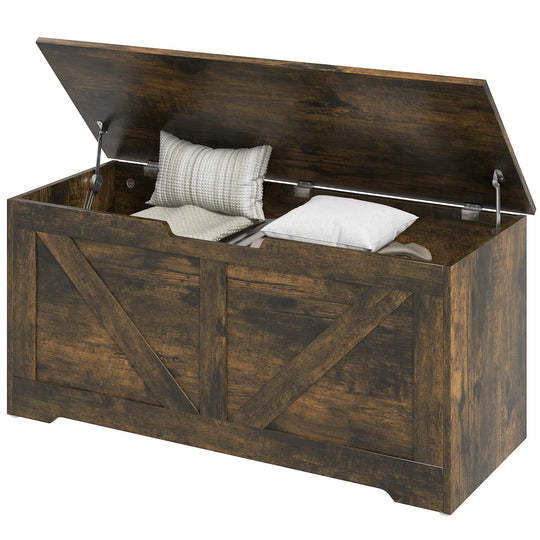 39.4 Inches Storage Chest, Storage Trunk with 2 Safety Hinges for Living Room, Brown Wood Grain