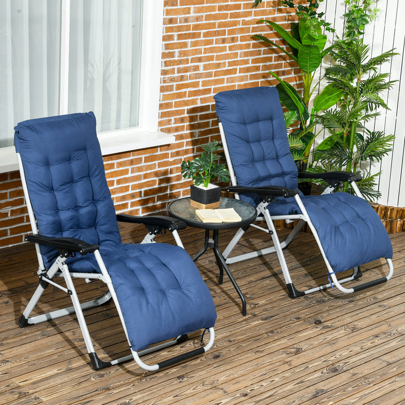 Folding Garden Chairs Set of 2, Reclining Zero Gravity Chair, Sun Lounger with Cushion and Headrest, Dark Blue