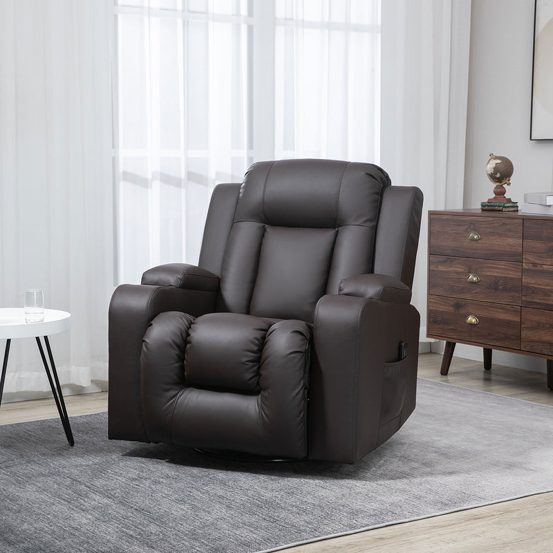 Swivel Massage Recliner Chair Rocker, Overstuffed Manual Reclining Sofa, PU Leather Rocking Chair with Side Pockets, Cup Holders, for Living Room, Nursery