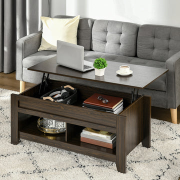 Lift Top Coffee Table with Hidden Storage Compartment and Open Shelves, Lift Tabletop Pop-Up Center Table for Living Room, Dark Walunt