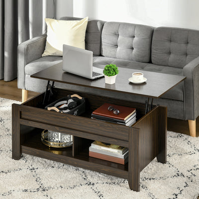 Lift Top Coffee Table with Hidden Storage Compartment and Open Shelves, Lift Tabletop Pop-Up Center Table for Living Room, Dark Walunt
