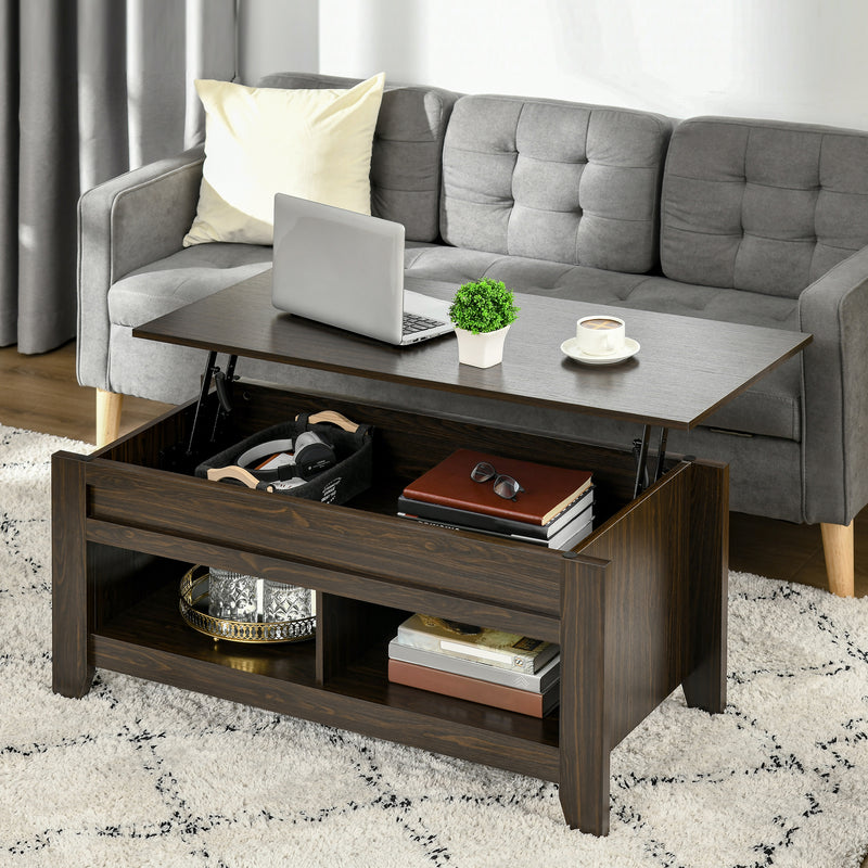Lift Top Coffee Table with Hidden Storage Compartment and Open Shelves, Lift Tabletop Pop-Up Center Table for Living Room, Dark Walunt