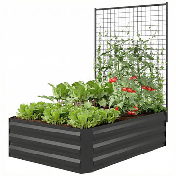 Galvanized Raised Garden Bed with Trellis for Climbing Plants, Outdoor Planter Box with Open Bottom, Black