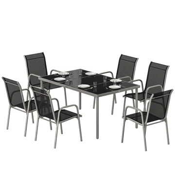 7 Piece Garden Dining Set, Garden Furniture Set with Rectangle Table and 6 Stackable Chairs, Silver And Black