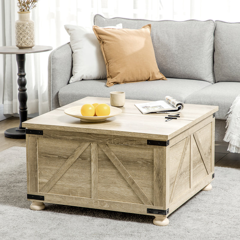 Farmhouse Coffee Table, Square Center Table with Flip-top Lids, Hidden Storage Compartment and Wooden Legs