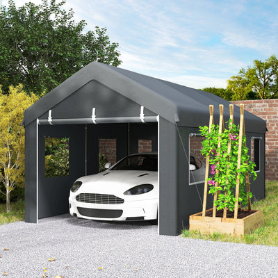 10' x 20' Carport, Heavy Duty Portable Garage with 6 Mesh Windows and 2 Doors, Dark Grey