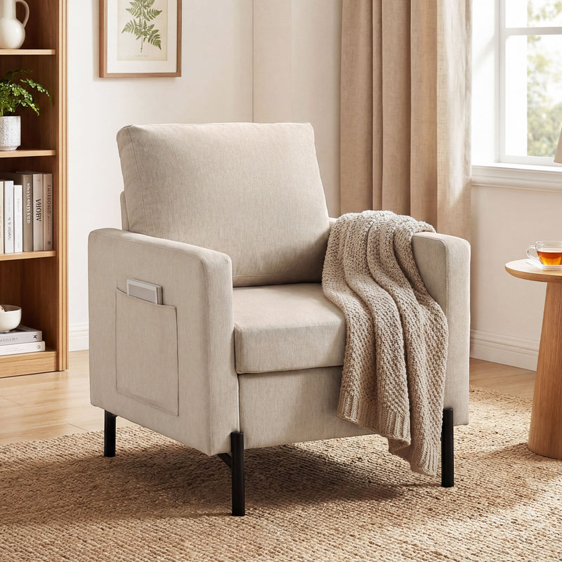 Accent Chair Modern Upholstered Armchair with Side Pockets and Cushion for Bedroom, Living Room, Beige