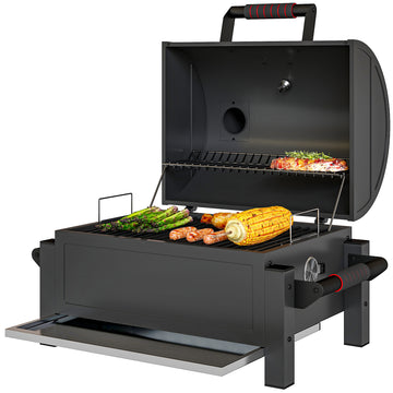 Tabletop Charcoal Smoker, Portable BBQ with Ash Catcher and Thermometer for Backyard, Camping, Picnic, Black
