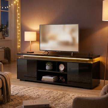 TV Stand for TVs up to 60 Inch, Modern Entertainment Center with LED Lights and Power Outlets, High Gloss Black