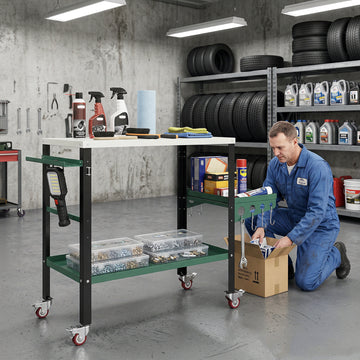 2Tier Rolling Tool Cart with Wheels, Lockable Steel Heavy Duty Cart with Side Tray, Silver & Green
