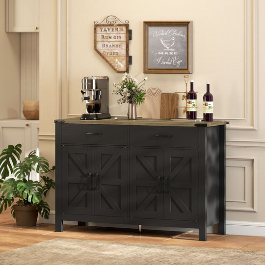 Side Cabinet, Farmhouse Kitchen Storage Cabinet w/ 2 Drawers and Shelves for Living Room, Entryway, Black
