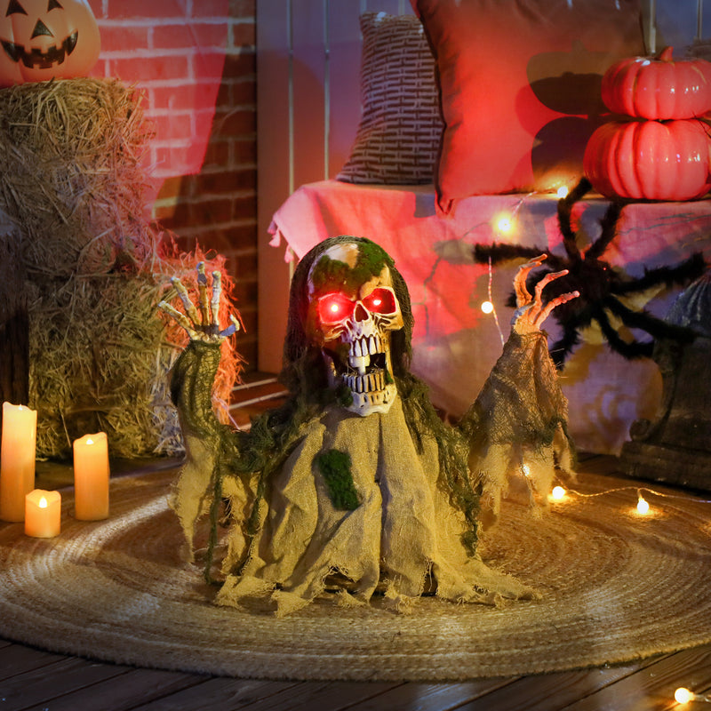 Halloween Animated Skeleton with Glowing LED Eyes, Animatronic Halloween Decorations, Battery Operated